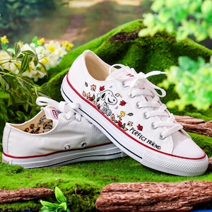Handpainted Embroidered Converse Low Top, Converse Embroidery Cute Beagle Dog & Little Yellow Bird, Custom Animal Lovers’ Sneakers