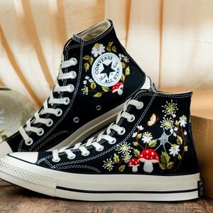 Custom Embroidered Converse Chuck Taylor High Tops, Black Converse Embroidery With Mushrooms & Floral, Custom Shoes Mystical, Birthday Gift