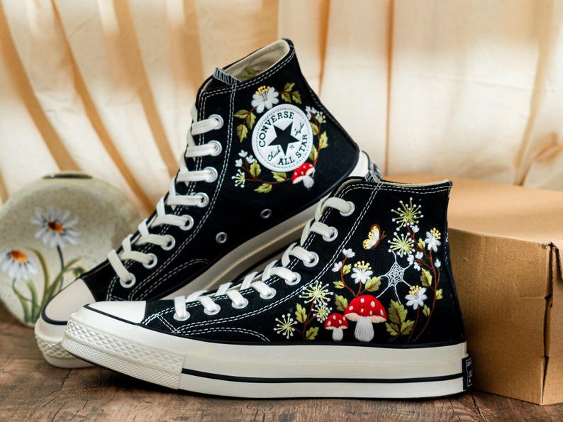 Custom Embroidered Converse Chuck Taylor High Tops, Black Converse Embroidery With Mushrooms & Floral, Custom Shoes Mystical, Birthday Gift