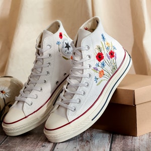 Embroidered Converse High Tops, Shoes Custom Floral Embroidery, Converse Custom Name, Flower Embroidered Sneakers, Gift For Best Friend