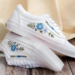 Bridal Flowers Embroidered Vans Wedding for Bride, Custom Vans Embroidery Floral Blue Embroidered Vans Slip On, Wedding Sneake, Gift For Her