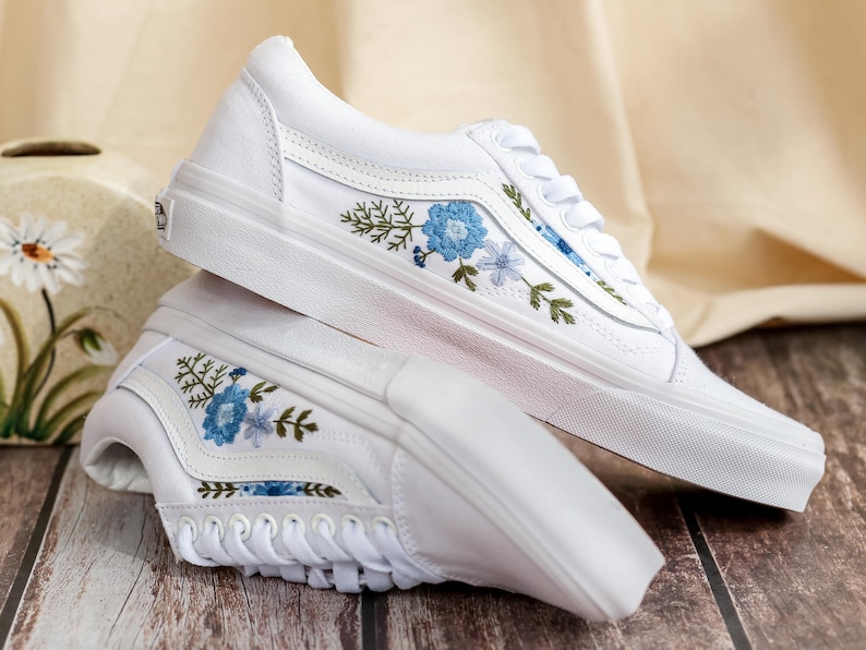 Bridal Flowers Embroidered Vans Wedding for Bride, Custom Vans Embroidery Floral Blue Embroidered Vans Slip On, Wedding Sneake, Gift For Her