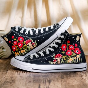 Custom Embroidered Converse, Evil Eye Flower Embroidered Converse Shoes Custom, Red Floral Embroidered Sneaker, Converse Embroidery Evil Eye