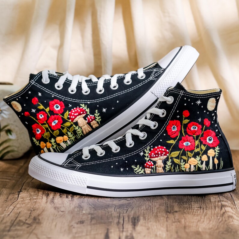 Custom Embroidered Converse, Evil Eye Flower Embroidered Converse Shoes Custom, Red Floral Embroidered Sneaker, Converse Embroidery Evil Eye