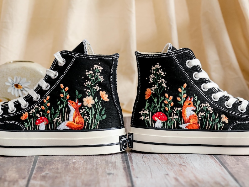 Custom Embroidered Converse High Tops 1970s, Fox Embroidered Converse Shoes, Fox and Flowers Embroidered Sneakers, Funny Halloween Gifts