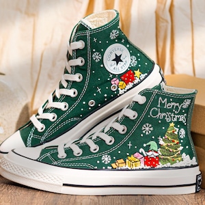 Green Christmas Converse Embroidered Santa, Snowflakes & Tree Embroidery　Shoes, Merry Christmas Personalized Converse, Holiday Gift for Her