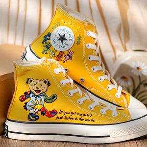Custom Character Embroidered Converse High Tops, Funny Teddy Bear Embroidery Shoes Yellow, Personalized Embroidered Sneaker, Cute Gift Idea