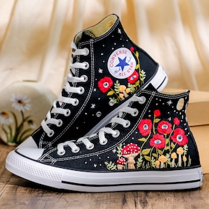 Custom Embroidered Converse, Evil Eye Flower Embroidered Converse Shoes Custom, Red Floral Embroidered Sneaker, Converse Embroidery Evil Eye