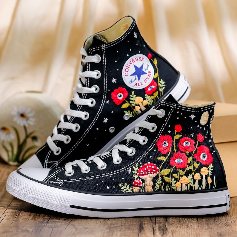 Custom Embroidered Converse, Evil Eye Flower Embroidered Converse Shoes Custom, Red Floral Embroidered Sneaker, Converse Embroidery Evil Eye