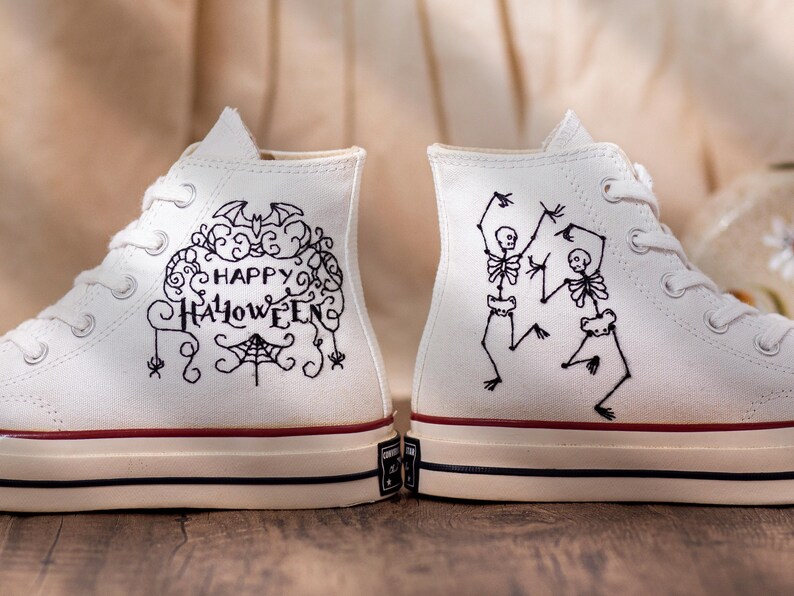 Converse Embroidered Dancing Skeleton 90s Vintage Style Shoes, Retro Skeleton Sneakers, Skull Funny Embroidery Shoes