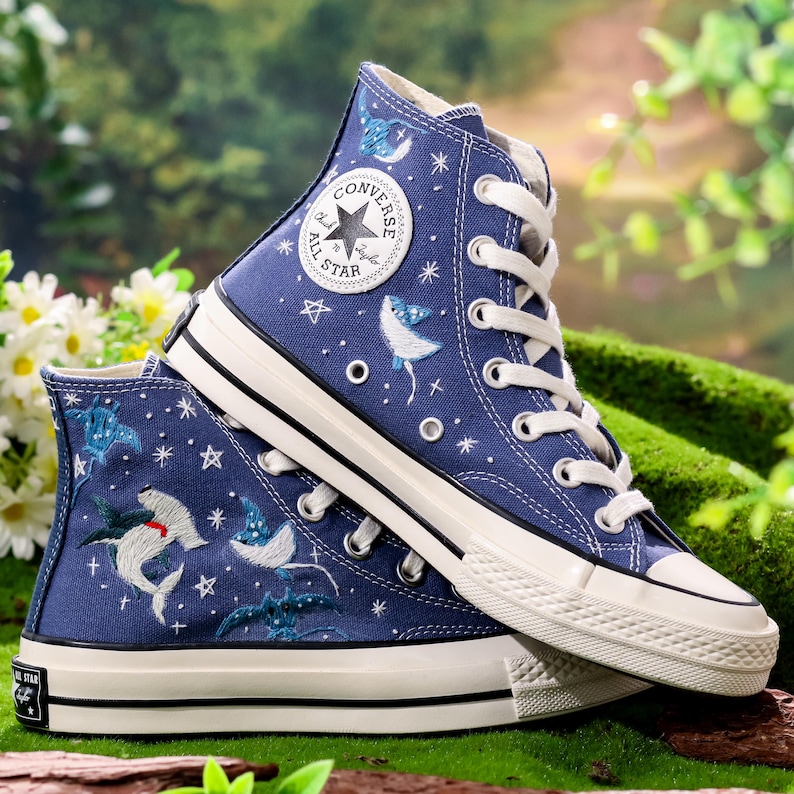 Custom Embroidered Converse, Hammerhead Sharks and Manta Ray Embroidered Shoes, Ocean Vibes Embroidered Sneakers Custom, Gifts for Divers
