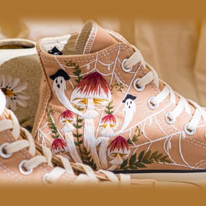 Custom Halloween Embroidered Converse High Tops, Brown Converse Embroidery With Ghost And Mushroom, Unique Custom Sneakers, Halloween Gifts