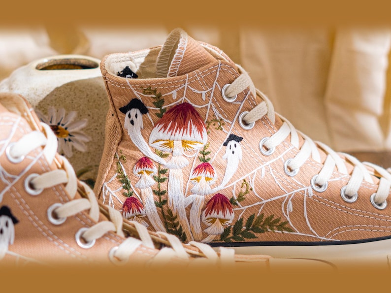 Custom Halloween Embroidered Converse High Tops, Brown Converse Embroidery With Ghost And Mushroom, Unique Custom Sneakers, Halloween Gifts
