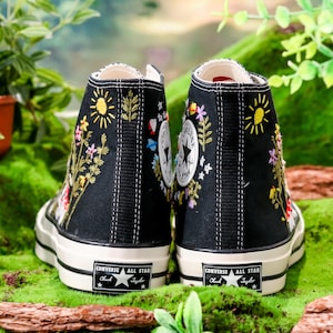 Embroidered Converse,  Custom  Sun, Mushrooms & Wildflowers Embroidery Converse, Sneaker Embroidered Floral, Whimsical Nature-Inspired Shoe