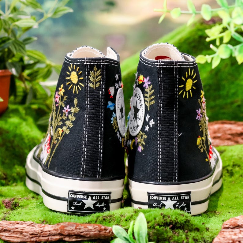 Embroidered Converse,  Custom  Sun, Mushrooms & Wildflowers Embroidery Converse, Sneaker Embroidered Floral, Whimsical Nature-Inspired Shoe