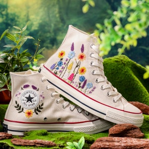 Customized Converse Embroidered Shoes, Converse High Tops 1970s Embroidered Sunflower Garden, Lavender, Converse Shoes Best Gift for Her