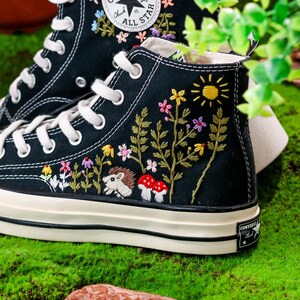 Custom Converse Embroidery Hedgehog, Sunshine & Colorful Summer Garden Embroidered Converse Shoes, Embroidered Converse Flower, Gift for Her