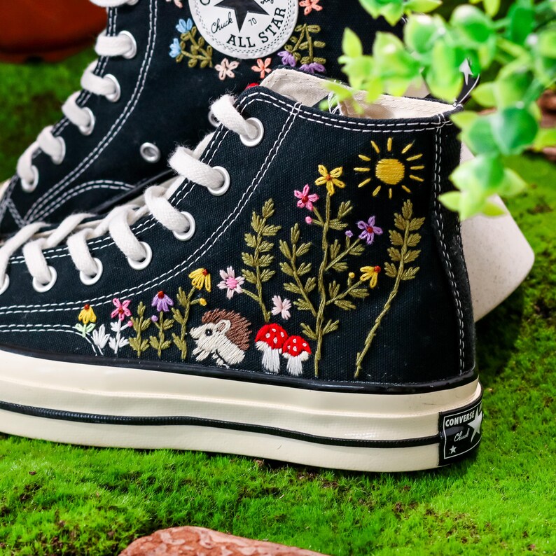 Custom Converse Embroidery Hedgehog, Sunshine & Colorful Summer Garden Embroidered Converse Shoes, Embroidered Converse Flower, Gift for Her
