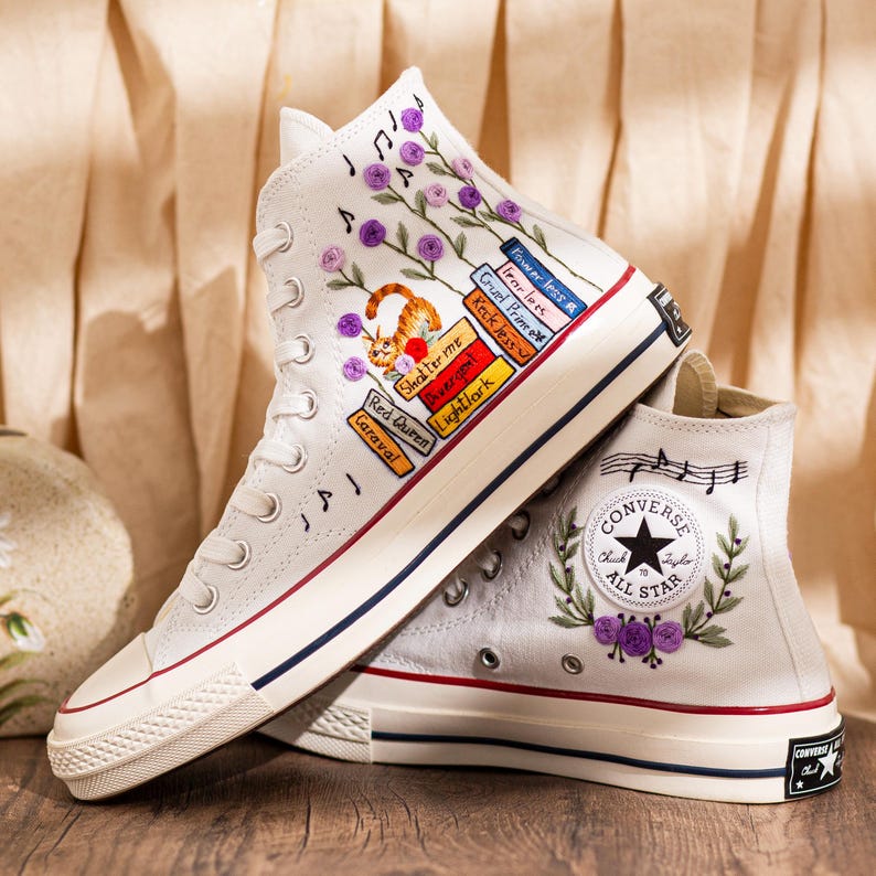 Embroidered Converse Book Lover, Flower & 1989 Embroidered Sneaker, Cat Embroidery Shoes, Handmade Gifts