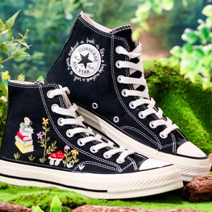 Custom Converse Embroidered Book, Mushrooms, Flowers Embroidery Shoes, Flower Garden, Book Embroidered Converse, Unique Graduation Gift