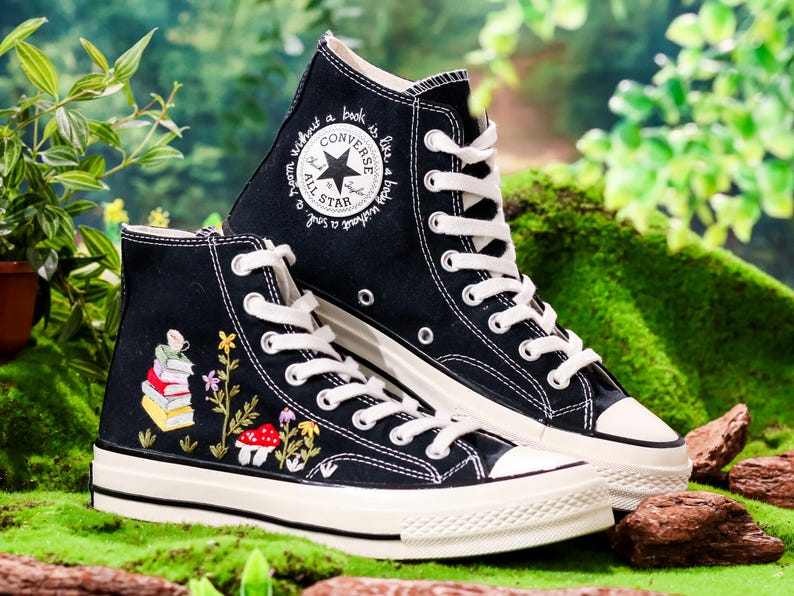 Custom Converse Embroidered Book, Mushrooms, Flowers Embroidery Shoes, Flower Garden, Book Embroidered Converse, Unique Graduation Gift