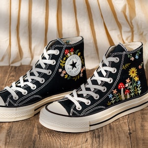 Vintage Embroidered Converse High Top, Handmade Floral & Mushroom Embroidery Converse Shoes, Custom Embroidered Sneakers Black, Fashion Gift
