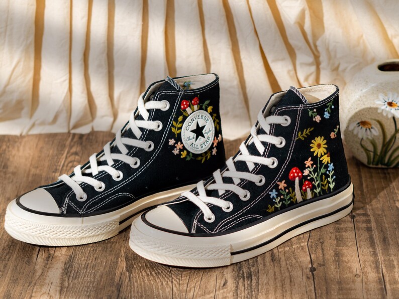Vintage Embroidered Converse High Top, Handmade Floral & Mushroom Embroidery Converse Shoes, Custom Embroidered Sneakers Black, Fashion Gift