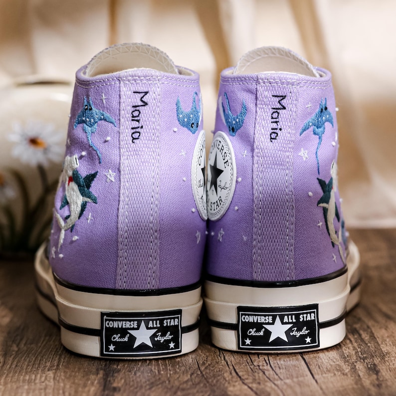 Manta Ray Embroidered Converse High Tops, Hammerhead Shark Embroidered Shoes, Ray and Shark Embroidered Sneaker Custom, Gift for Her