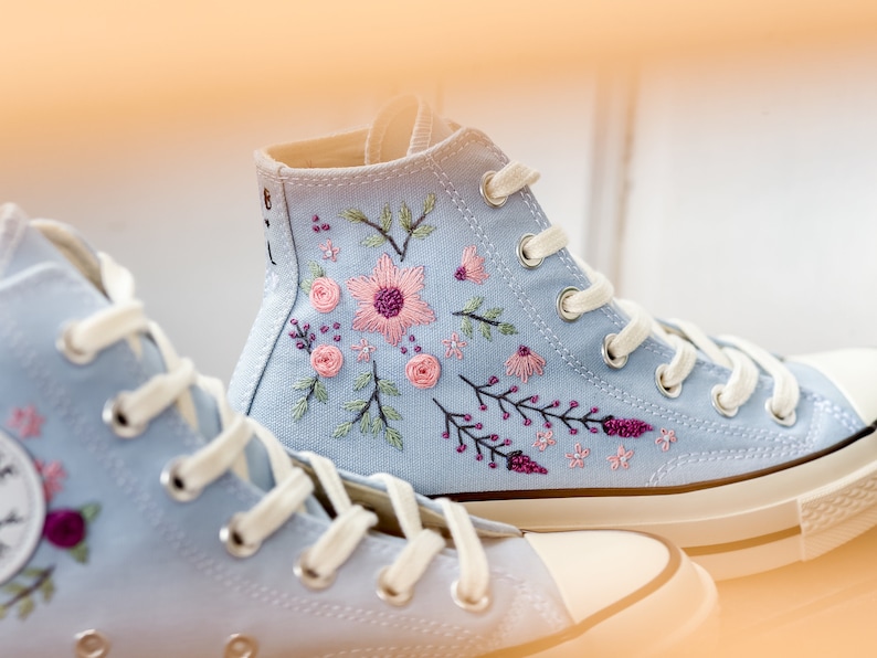 Embroidered Converse, Embroidered Floral, Custom Converse High Top,  Converse Embroidered With Colorful Flower Garden, Personalized Gifts