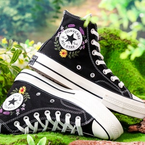 Custom Sunflower Embroidered Converse High Tops, Sunflower and Lavender, Mushroom Embroidered Shoes, Wildflower Embroidered Sneaker Custom