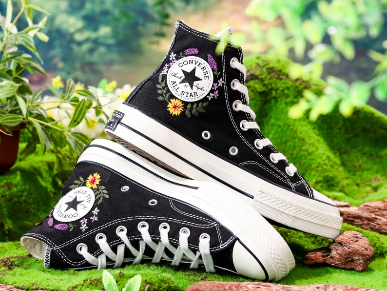 Custom Sunflower Embroidered Converse High Tops, Sunflower and Lavender, Mushroom Embroidered Shoes, Wildflower Embroidered Sneaker Custom