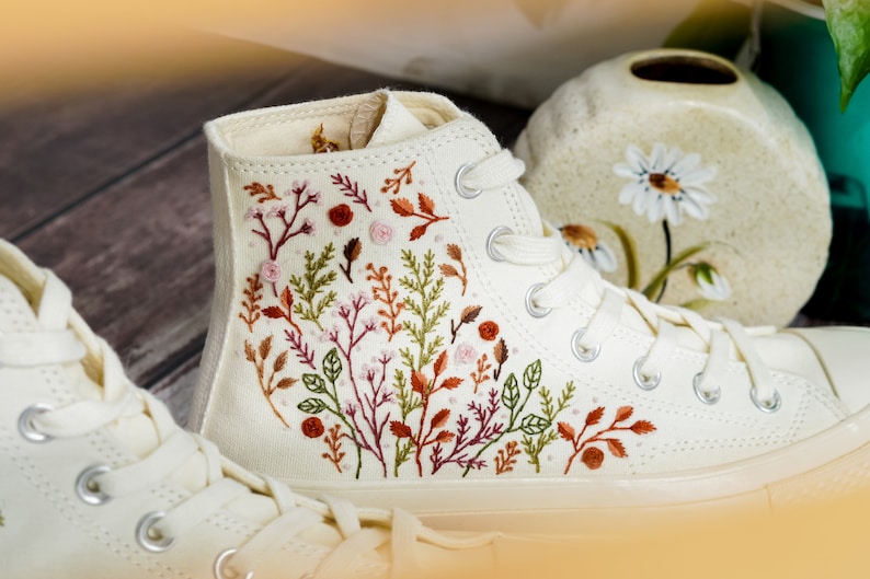 Wedding Converse for Bride, Colorful Flower Garden Embroidered Shoes, Boho Wedding Flower Embroidered Sneakers, Wedding Gift
