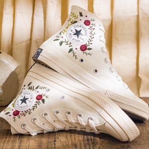 Custom Embroidered Converse Chuck Taylor High Top Womens, Converse Embroidery Floral & Leaf, Sneakers Embroidered Romantic Style, Bride Gift