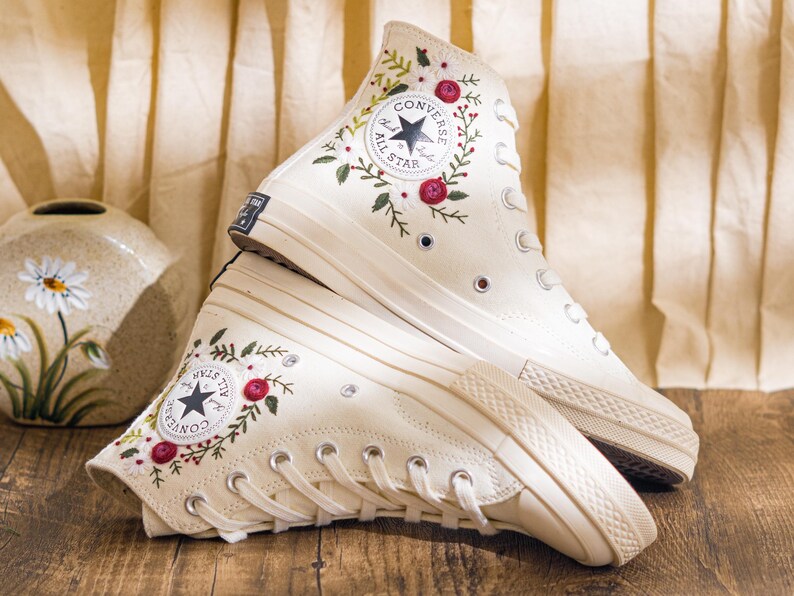 Custom Embroidered Converse Chuck Taylor High Top Womens, Converse Embroidery Floral & Leaf, Sneakers Embroidered Romantic Style, Bride Gift