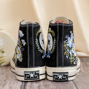 Custom Converse Embroidered, Flowers Embroidered Converse Women, Blue Flax and Flowers Embroidered Sneakers, Lavender Embroidered Sneakers