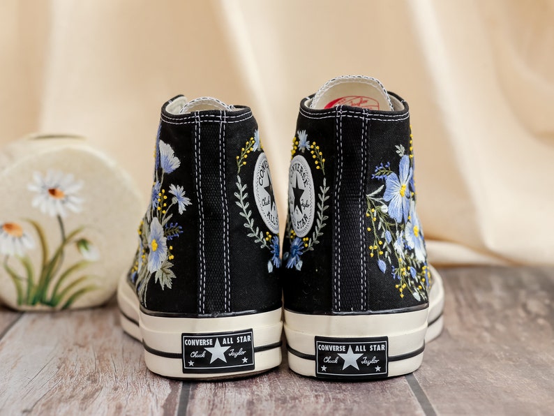 Custom Converse Embroidered, Flowers Embroidered Converse Women, Blue Flax and Flowers Embroidered Sneakers, Lavender Embroidered Sneakers