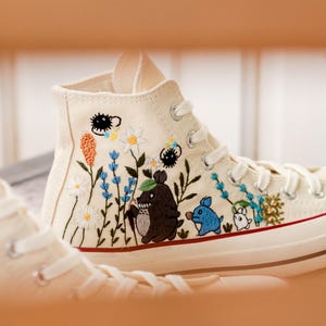 Mushroom and Black Cat Embroidered Converse, Custom Halloween Embroidered Sneakers,Pet Embroidered Shoes, Hand Embroidered Gift for Her