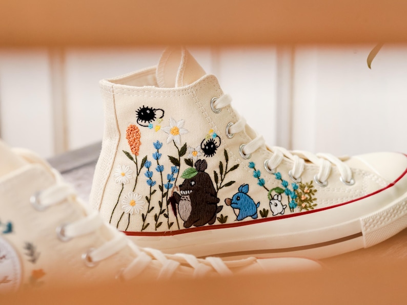 Mushroom and Black Cat Embroidered Converse, Custom Halloween Embroidered Sneakers,Pet Embroidered Shoes, Hand Embroidered Gift for Her