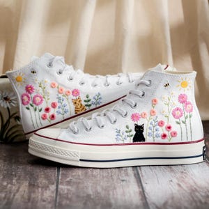 Cat Embroidered Converse, Flower Cat Embroidered Converse, Embroidered Converse Custom Pet, Cat Embroidered Sneakers, Birthday Gift