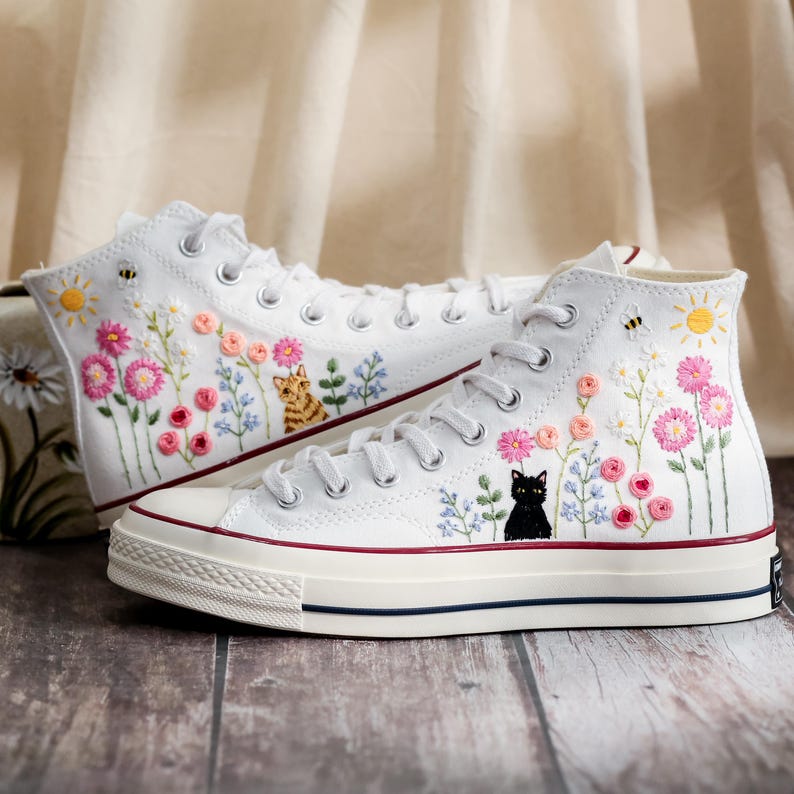 Cat Embroidered Converse, Flower Cat Embroidered Converse, Embroidered Converse Custom Pet, Cat Embroidered Sneakers, Birthday Gift