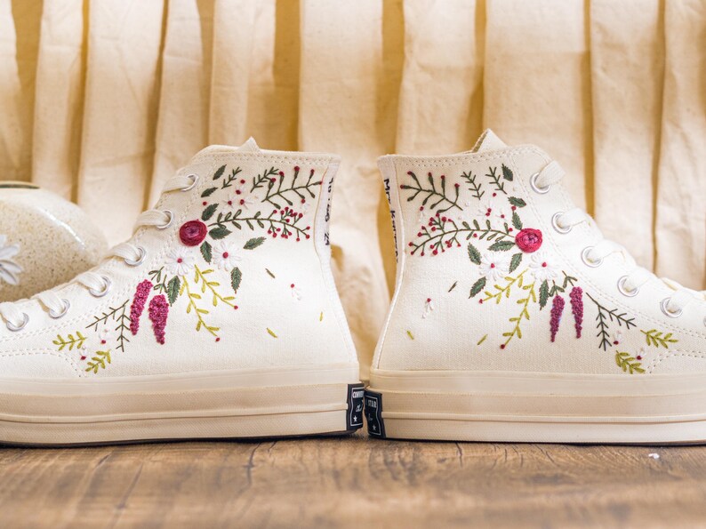 Custom Embroidered Converse Chuck Taylor High Top Womens, Converse Embroidery Floral & Leaf, Sneakers Embroidered Romantic Style, Bride Gift