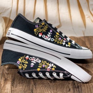 Hand Embroidered Converse Low Top Sneakers, Custom Black Shoes Embroidery Fox And Wildflower, Handmade Nature Art Converse, Unique Gift Idea