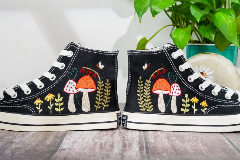 Embroidered Converse Mushroom, Butterfly, Converse Embroidery Mushroom, Custom Shoes Embroidered Butterfly, Mushrooms Sneakers, Gift for Her