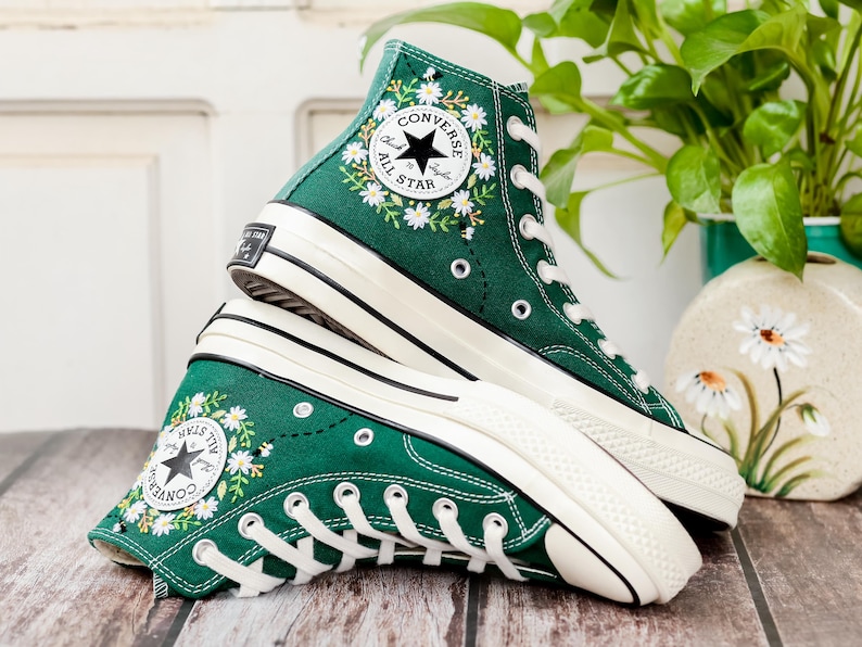 Wildflower Embroidered Converse, Small Flowers and Bees Embroidered Shoes, Custom Floral Embroidered Sneakers, Unique Gift for Nature Lover
