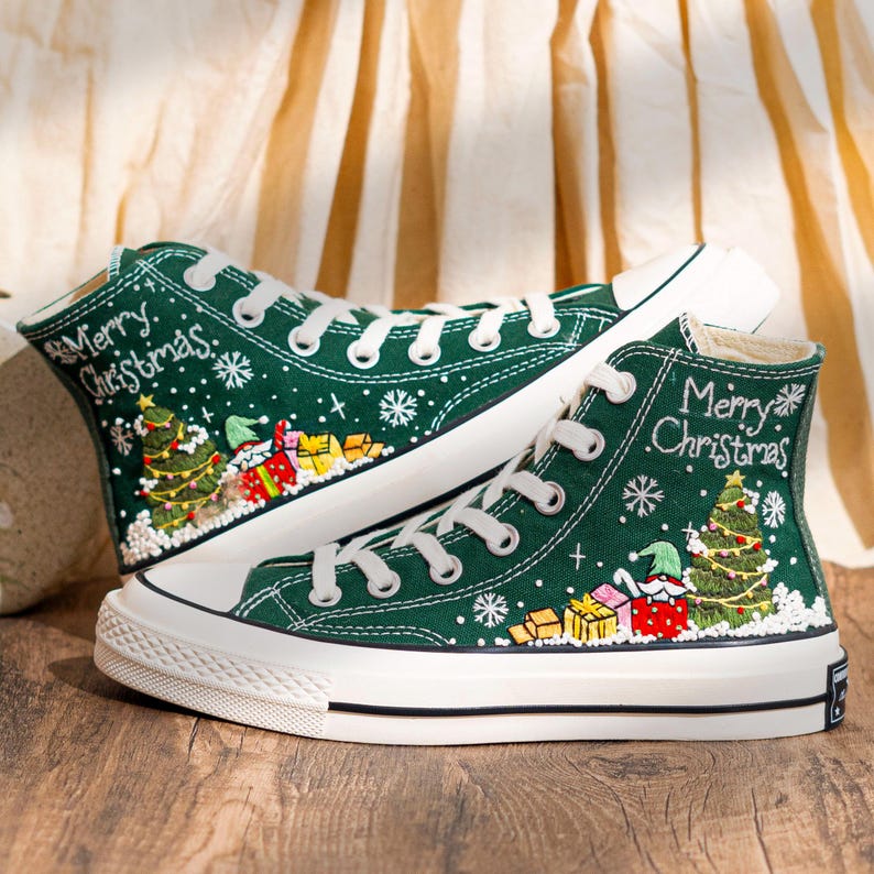 Green Christmas Converse Embroidered Santa, Snowflakes & Tree Embroidery　Shoes, Merry Christmas Personalized Converse, Holiday Gift for Her