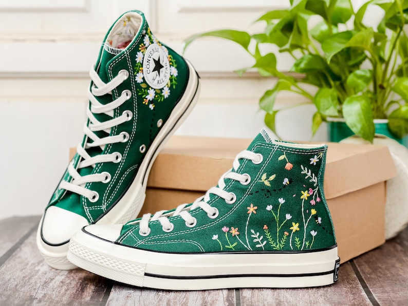 Wildflower Embroidered Converse, Small Flowers and Bees Embroidered Shoes, Custom Floral Embroidered Sneakers, Unique Gift for Nature Lover