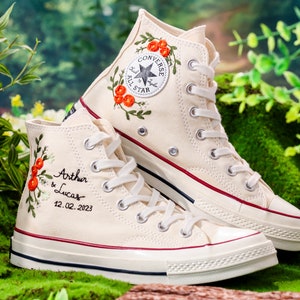 Weedding Converse For Bride, Name and Anniversary Date Embroidered Shoes Custom, Bridal Flower Embroidered Sneakers, Wedding Gift