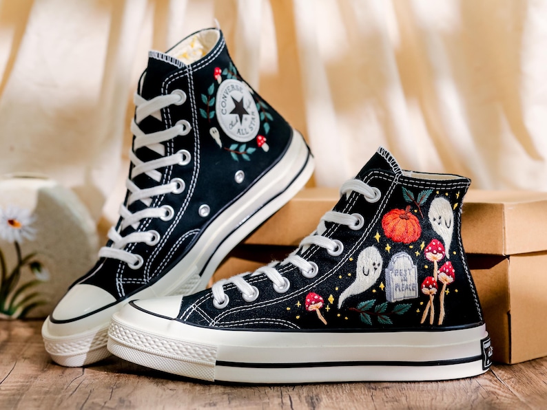 Custom Embroidery Converse, Ghost and Pumpkin Embroidered Sneaker, Ghost Embroidery Halloween Vibes Embroidered Shoes Custom, Halloween Gift