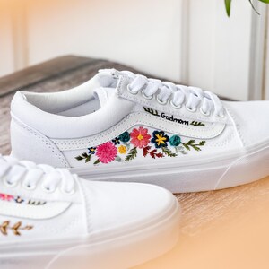 Custom Embroidered Wedding Vans, Couple’s Names Embroidered Vans Shoes, Flower Embroidered Sneaker Custom, Personalized Bridal Sneaker