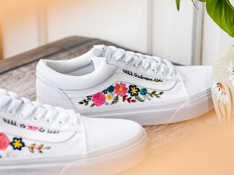 Custom Embroidered Wedding Vans, Couple’s Names Embroidered Vans Shoes, Flower Embroidered Sneaker Custom, Personalized Bridal Sneaker